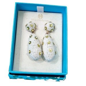 House of Harlow 1960 White Beaded Drop Earrings Gold Sequins